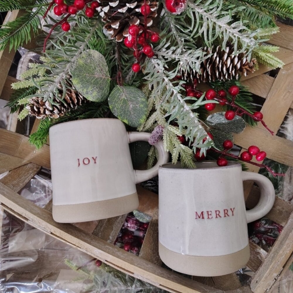 Hearth & Hand Magnolia Stoneware Coffee Mug Set | 16 oz | Holiday “Merry & Joy”